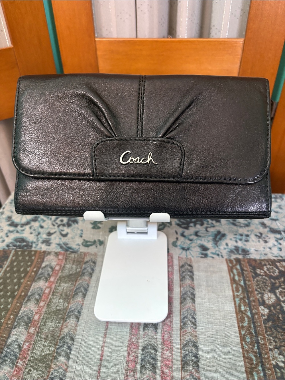 Coach Black Leather Foldover Wallet with Silver Logo